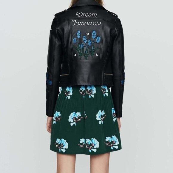 NWT Maje black leather patch embroidered “Dream Tomorrow” moto biker jacket, S - Picture 2 of 15
